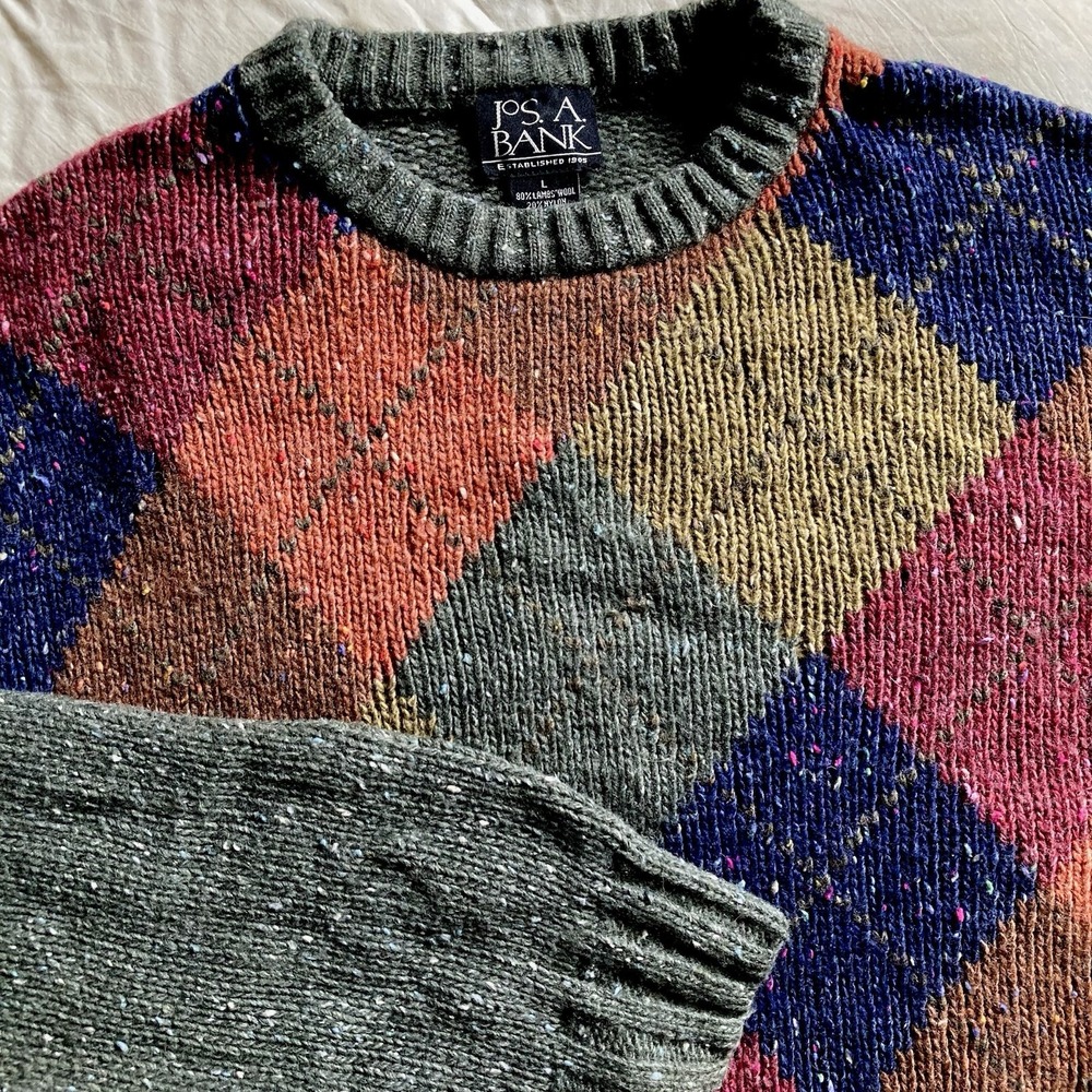 Jos A Bank Multicolor Argyle Crew Sweater Lambs Wool Blend Mens L Fall Preppy